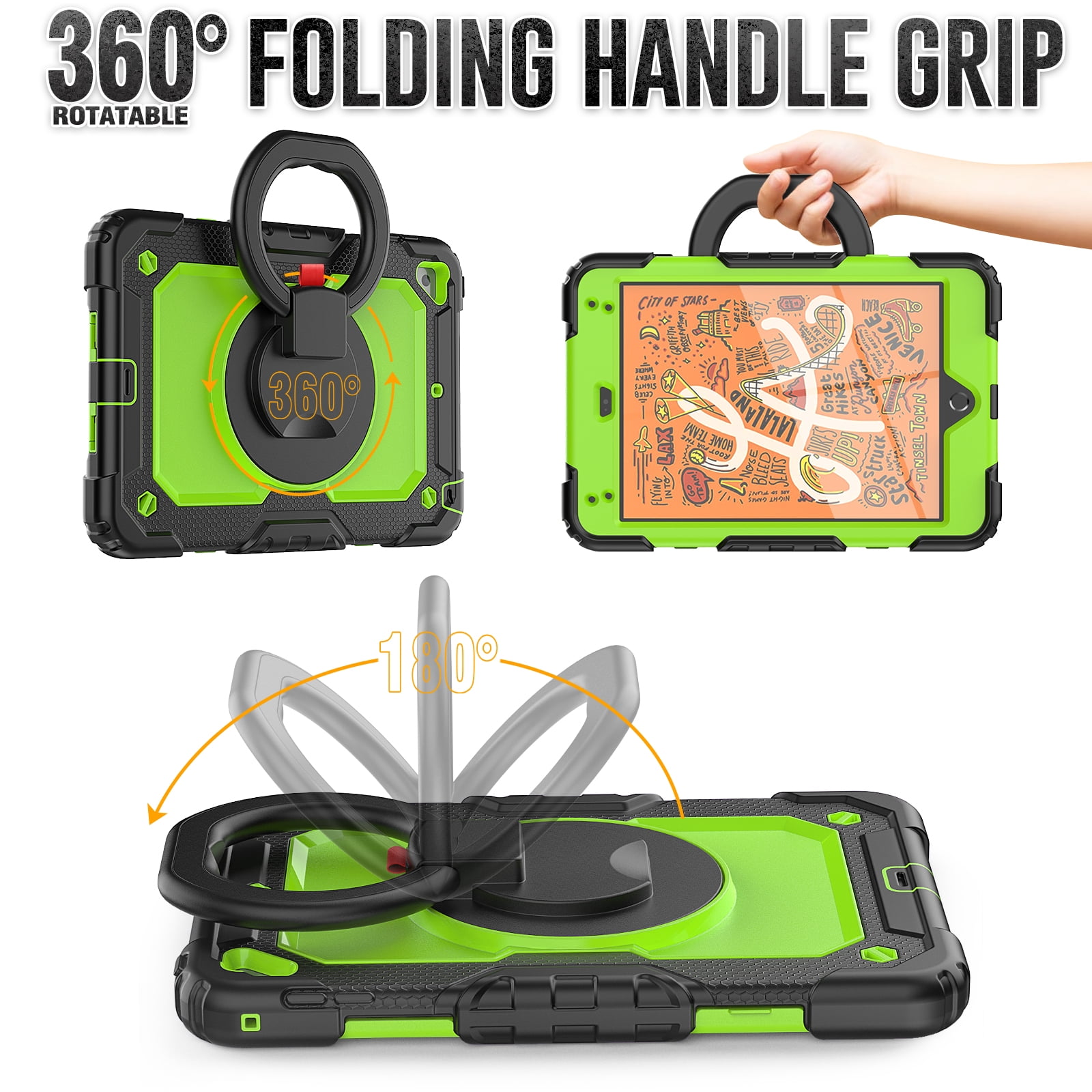 Dteck iPad mini 5 Case / iPad mini 6 Case with Built in Screen Protector, Child Proof Heavy Duty Shockproof Kids Case with Rotating Stand Handle Pencil Holder for iPad mini 5/4 7.9", Black + Green