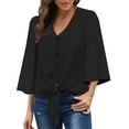 thumbnail image 5 of luvamia Women's Summer V Neck Blouses Ruffled 3/4 Sleeve Tie Knot Blouses Black Size Medium, 5 of 9