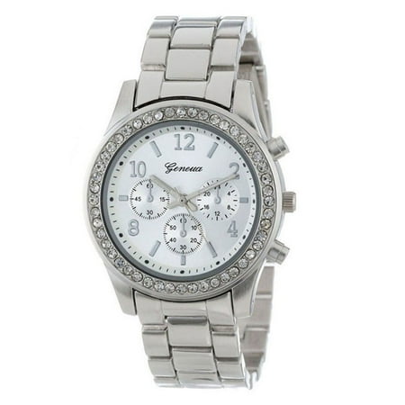 Diamond Watch Band Women Stylish Quartz Watch with Alloy Watchband 3 Small Dial Wrist Watch Ornament Silver with diamonds ()