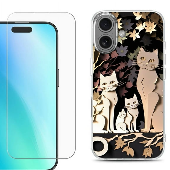 For iphone 16 Plus Phone Case Cover, Shockproof Case with Tempered Glass Screen Protector, by OneToughShield - Cat Craft