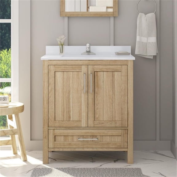 Pemberly Row 30" Bathroom Vanity in White Oak with White Countertop