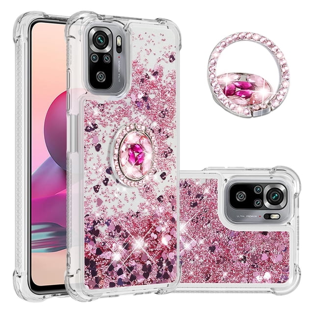 Funda para Xiaomi Redmi Note 10S 4G/Note 10 4G con Brillo Líquido Flotante, Purpurina, Parachoques y Anillo Giratorio Soporte