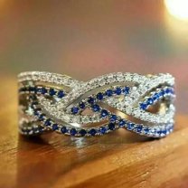 TAAPSEE JEWELS Crisscross Wedding Band Ring Round Cut Blue Sapphire & Diamond 14K White Gold Plated