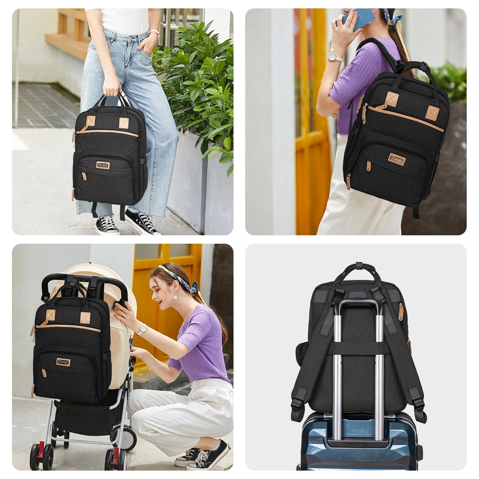 Kabaqoo Large Baby Diaper Backpack, Multifunction Waterproof Mom Bag with Changing Pad, black