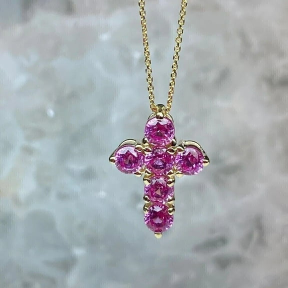 Ladies Round Cut Ruby 14k Yellow Gold Plated Classic Cross Pendant Necklace 18"