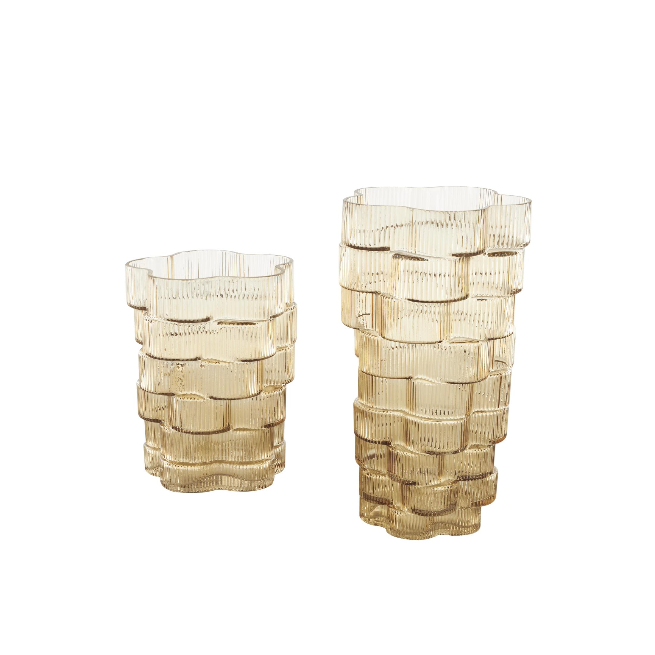 DecMode 12", 9"H Floral Ribbed Stacked Brown Glass Vase, Set of 2