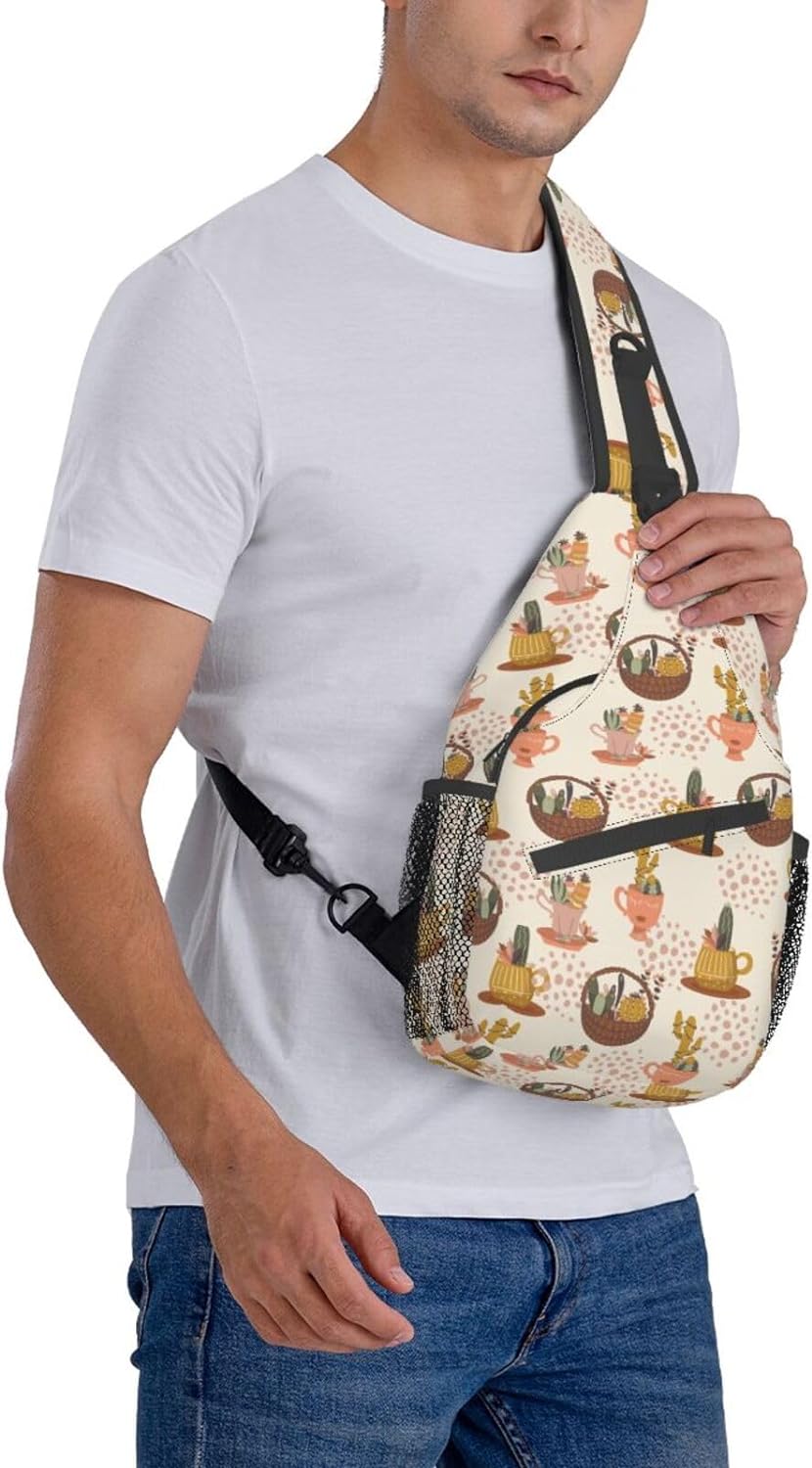 Cute Cactus Pattern Sling Bag Crossbody Hiking Travel Chest Bags Backpack Shoulder Daypack for Women Men
