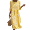 thumbnail image 2 of Ayolanni 3/4 Sleeve Fall Dresses Crew Neck Floral A-Line Maxi Dress Boho Flowy Holiday Pleated Long Dress Yellow L, 2 of 7