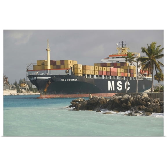 Great BIG Canvas | Rolled Walter Bibikow Poster Print entitled Bahamas, Grand Bahama Island, Port of Freeport, Container Cargo Ship