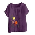 thumbnail image 4 of Husipze Women's Cotton Linen Blouse Summer Round Neck Short Sleeve Flower Printed Shirt Tops Blouses for Women Dressy Casual Purple 4XL on Clearance, 4 of 5