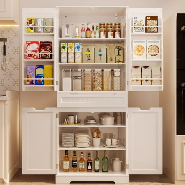 Mueble de despensa de cocina, armario de 71 pulgadas de alto con 4 puertas y 2 cajones, práctico mueble de despensa de cocina con estantes ajustables