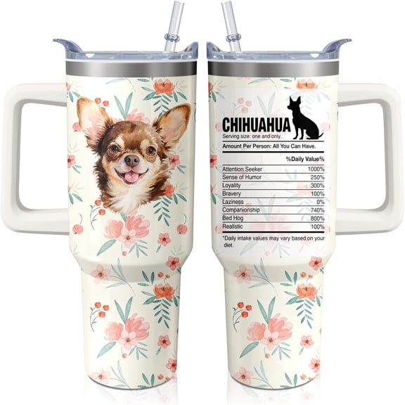 40oz Chihuahua Dog Tumbler with Handle and Straw, Cute Puppy Chiwawa Stainless Steel Insulated Cup with Lid, Travel Coffee Mug Water Bottle, Birthday Mothers Day Gifts for Women Men Animal Lovers