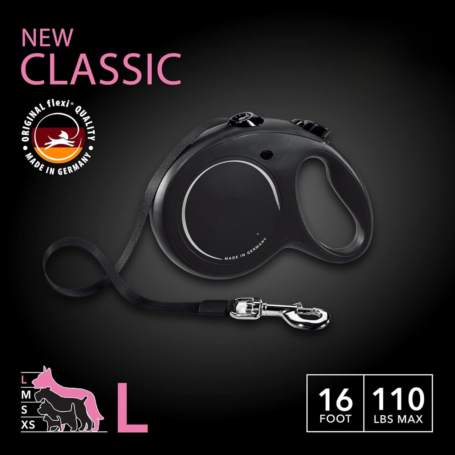 New Classic Tape Retractable Dog Leash for Large Dogs Upto 110 lbs. – 16 ft., Black |   Tangle Free Pet Walking Leash with One-Handed Brake, Pause, Lock | German Quality Product