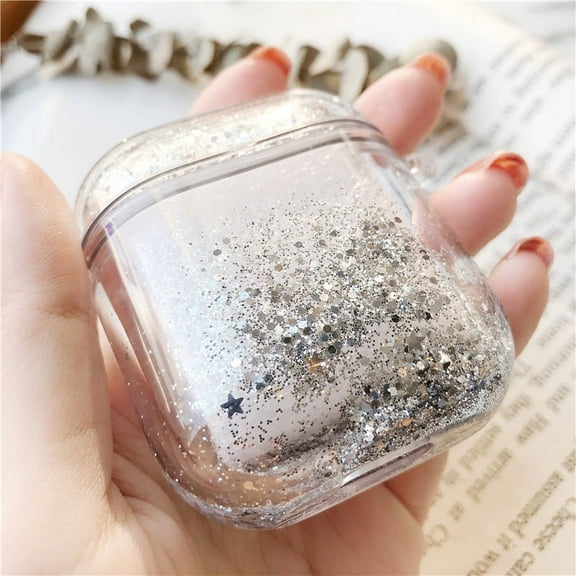 Cute Liquid Glitter Full Cover (Silver) Case Keychain Clip For Apple AirPods 1/2