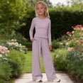 thumbnail image 2 of CPNG Girls 2 Piece Outfit Set Solid Color Long Sleeve Slim Top and Matching Wide Leg Lightweight Casual Sweatsuit Set, 2 of 9