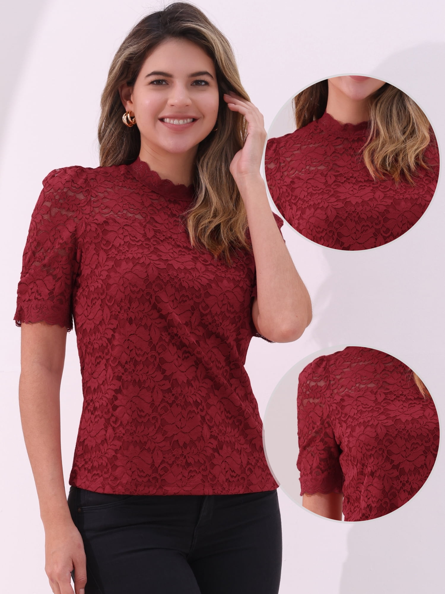 DARING DIVA Women's Lace Tops Mock Neck Puff Short Sleeve Floral Blouses L Dark Red
