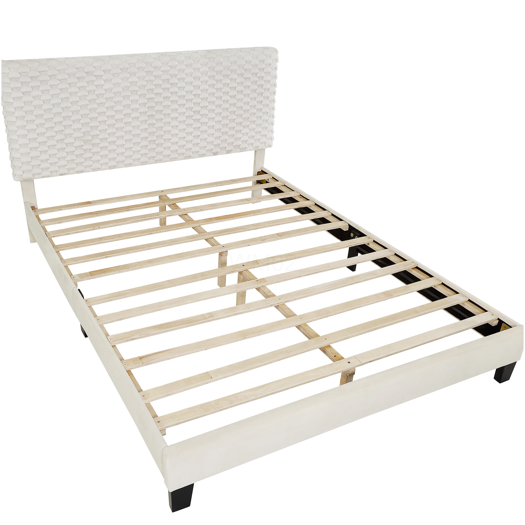 Queen Upholstered Bed Frame with Adjustable Headboard, Off-White Fabric Platform Bed, Low Profile Modern Design, No Box Spring Required