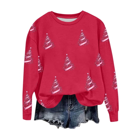 Cavosen Christmas Festival Tops Women Crew Neck Long Sleeve Ugly Pullover Christmas Tree Solid Stretch Drop Shoulder Blouses Party Shirt Tops