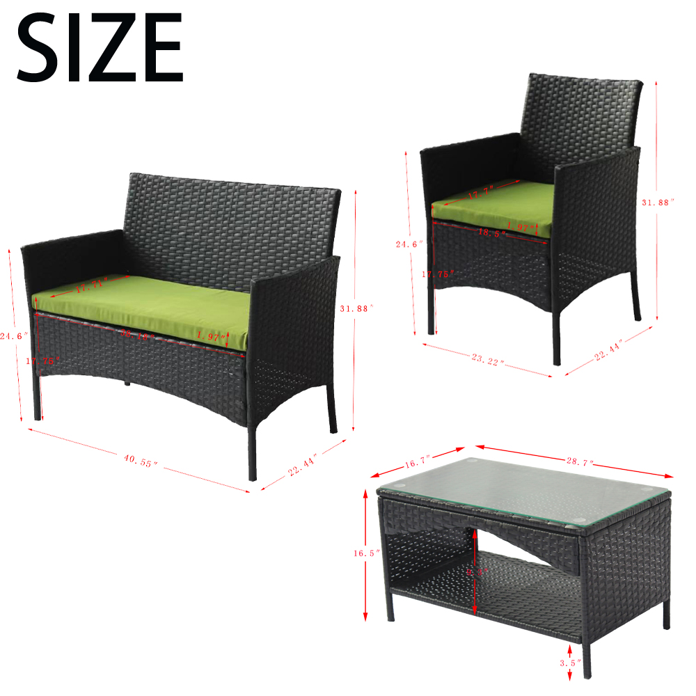 Outdoor Patio Set, iRerts Modern 4 Pieces Front Porch Furniture Sets, Rattan Wicker Patio Furniture Set with Green Cushion, Table, Patio Conversation Sets for Backyard Garden Poolside, Black, R2389 - image 4 of 8