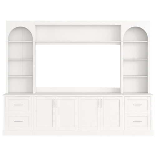 Modern Arched Farmhouse TV Stand for TVs up to 65 Inches, Entertainment Center with Drawers, Cable Holes and Adjustable Shelves, White