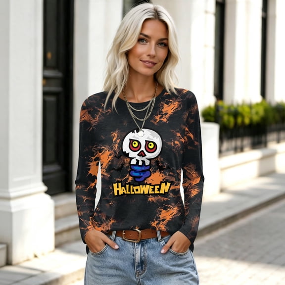 Halloween T Shirts for Women Long Sleeve Crew Neck Pumpkin Ghost Witch Print Fall Tunic Tops Casual Slim Fit Pullover Trendy Tee