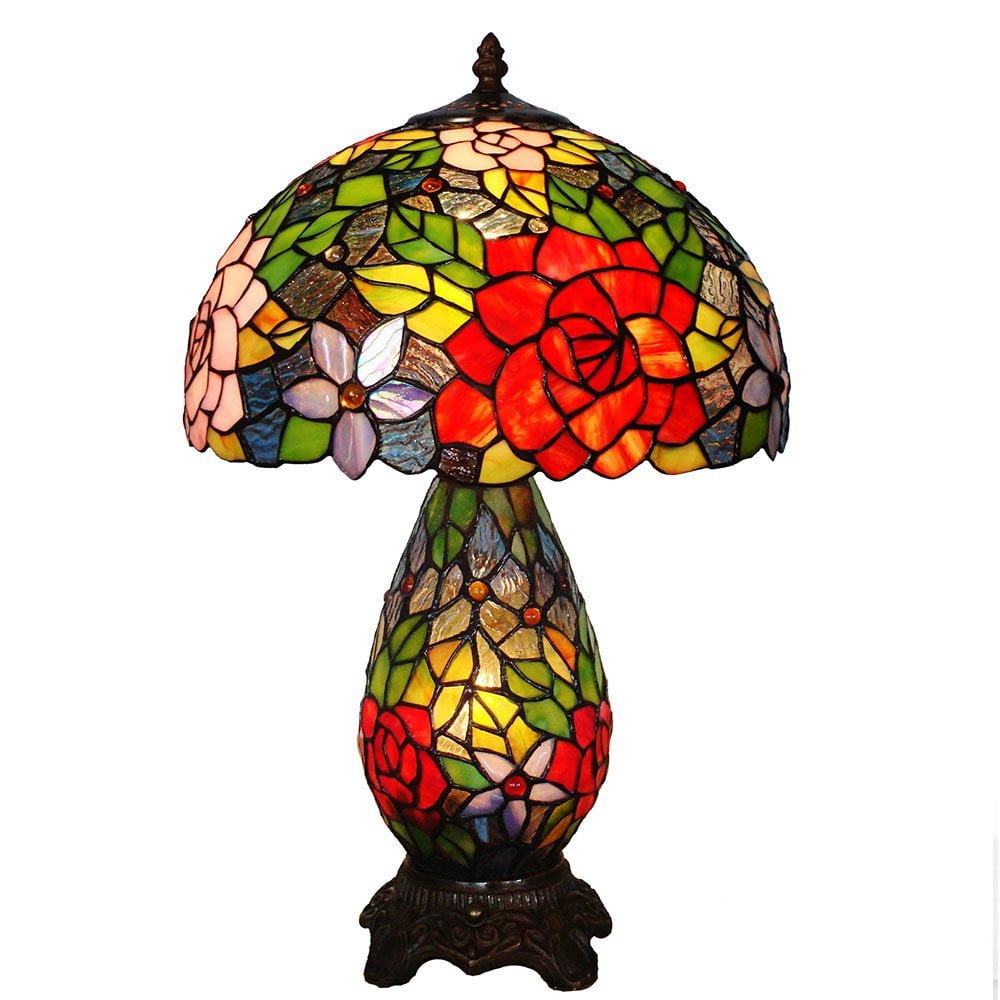Bieye L10185 12inches Rose Tiffany Style Stained Glass Table Lamp with Double Lit, 19inch in