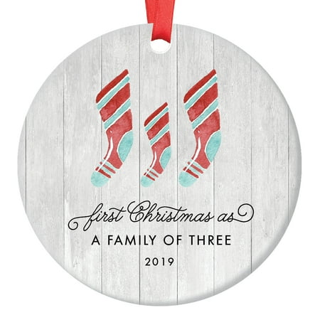 First Christmas As A Family of Three Ornament 2019, Farmhouse Woodsy Newborn New Baby Parents Mom Dad Present Mommy Daddy Ceramic Porcelain 3