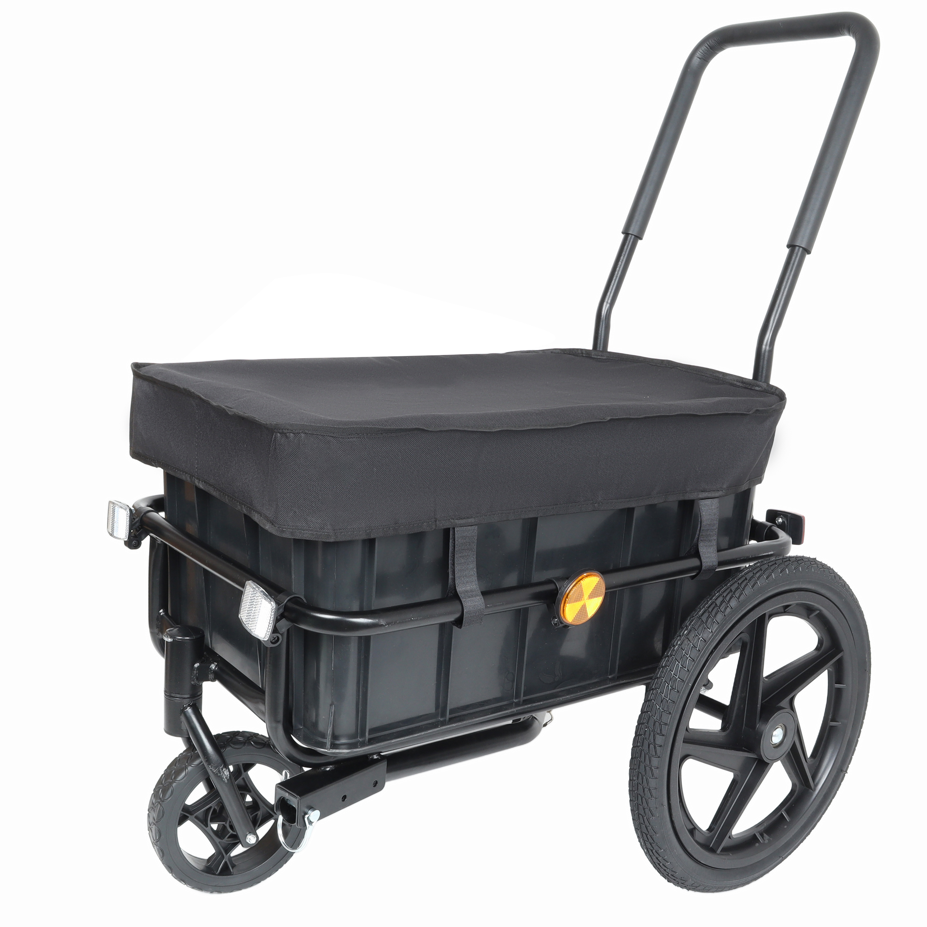 2-in-1 Bike Cargo Trailer Pushcart, Bicycle Trailer with Removable Box and Waterproof Cover, Black, Pushcart Stroller with Tow Hitch and Removable Handlebar, Black