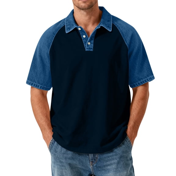 Hearthz Mens T-Shirts Denim Patchwork Raglan Shirts for Men Short Sleeve Collared Button Down Shirts for Men Navy XXL