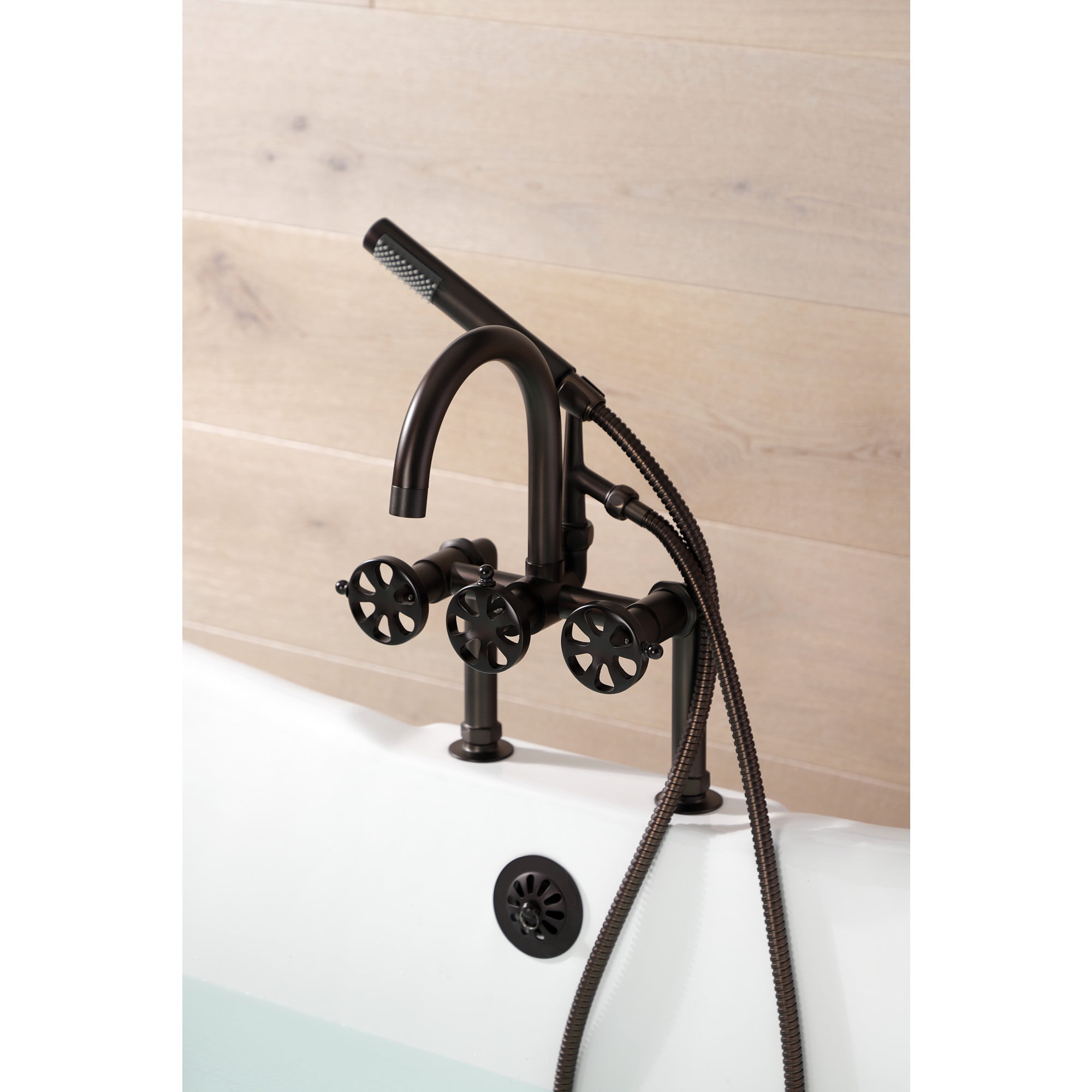 Kingston Brass AE8105RX Belknap Three-Handle 2-Hole Deck-Mount Clawfoot Tub Faucet with Hand Shower in Oil Rubbed Bronze