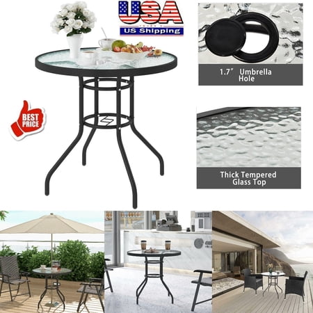 Goorabbit Patio Table with 1.8  Umbrella Hole  Round Steel Frame Outdoor Dining Table 31.5  Tempered Glass Table Top Small Outdoor Table(Black)