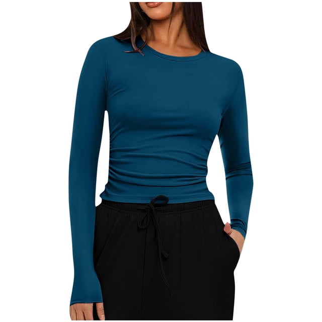 Timegard Hauts pour Femmes, Col Rond, Manches Longues Froncées, T-Shirts Slim, Blouse Décontractée et Confortable