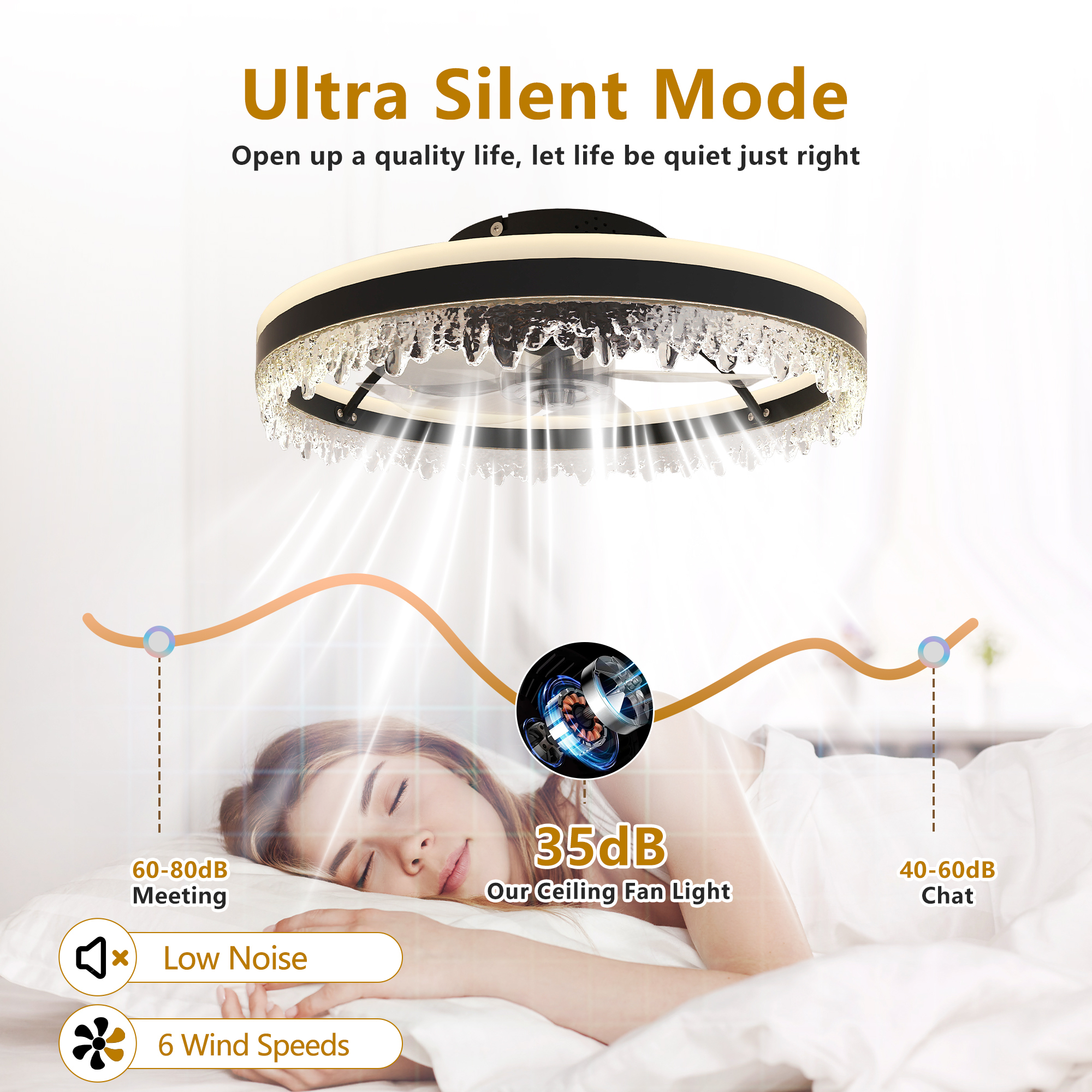 Leumius Modern LED Ceiling Fan with Light, 20In Dimmable Ceiling Light with Invisible Blades and Crystal Design, Remote Control & Adjustable Color Temperature for Bedroom, Living Room,Black