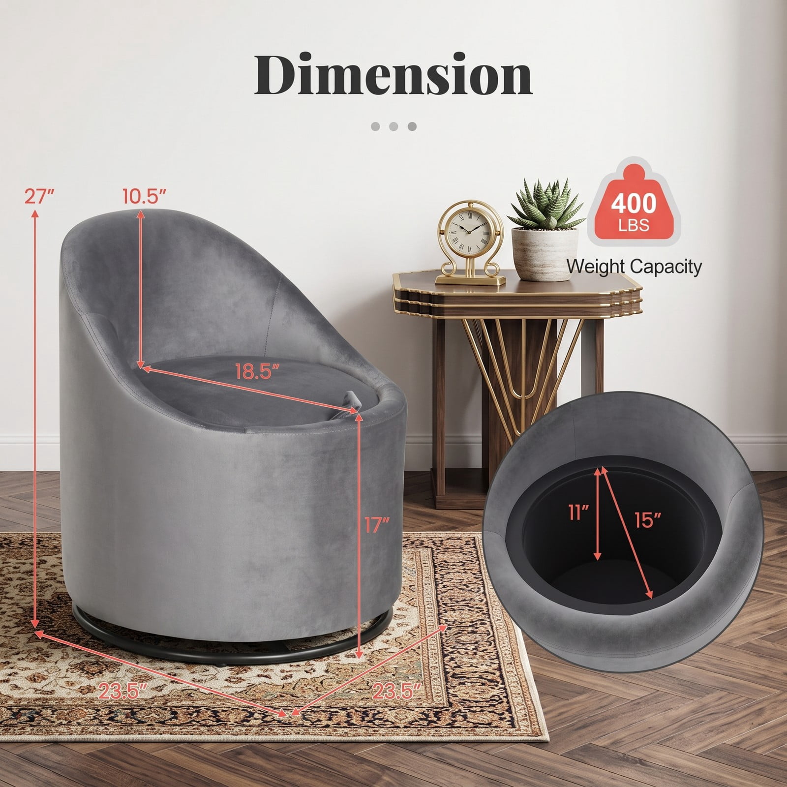 Furnibear Barrel Chair with Hidden Storage, 360 Degree Swivel Upholstered Velvet Accent Vanity Chair with Curved Backrest, Metal Base, No Assembly, for Bedroom, Gray