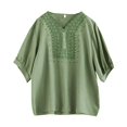thumbnail image 4 of Women's Long Sleeve T-shirt 3/4 Sleeve Linen Shirts For Women 2025 Cotton Summer Retro Embroidered Boho Tops Casual Trendy Vacation Blouse,Green Women's Long sleeve T-shirt XL, 4 of 6