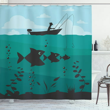 Fishing Shower Curtain, Hand Drawn Fishing Tools Set with Rod 