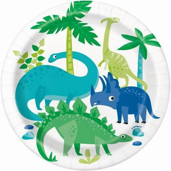 Assiettes à dessert rondes dinosaure bleu et vert 17,8 cm, 8 ct