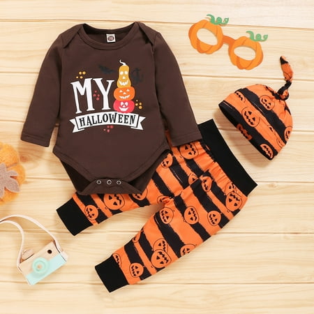 

Leutsin Infant Baby Boy Girl Halloween Letter Romper Bodysuit+Striped Pants+Hat Outfits