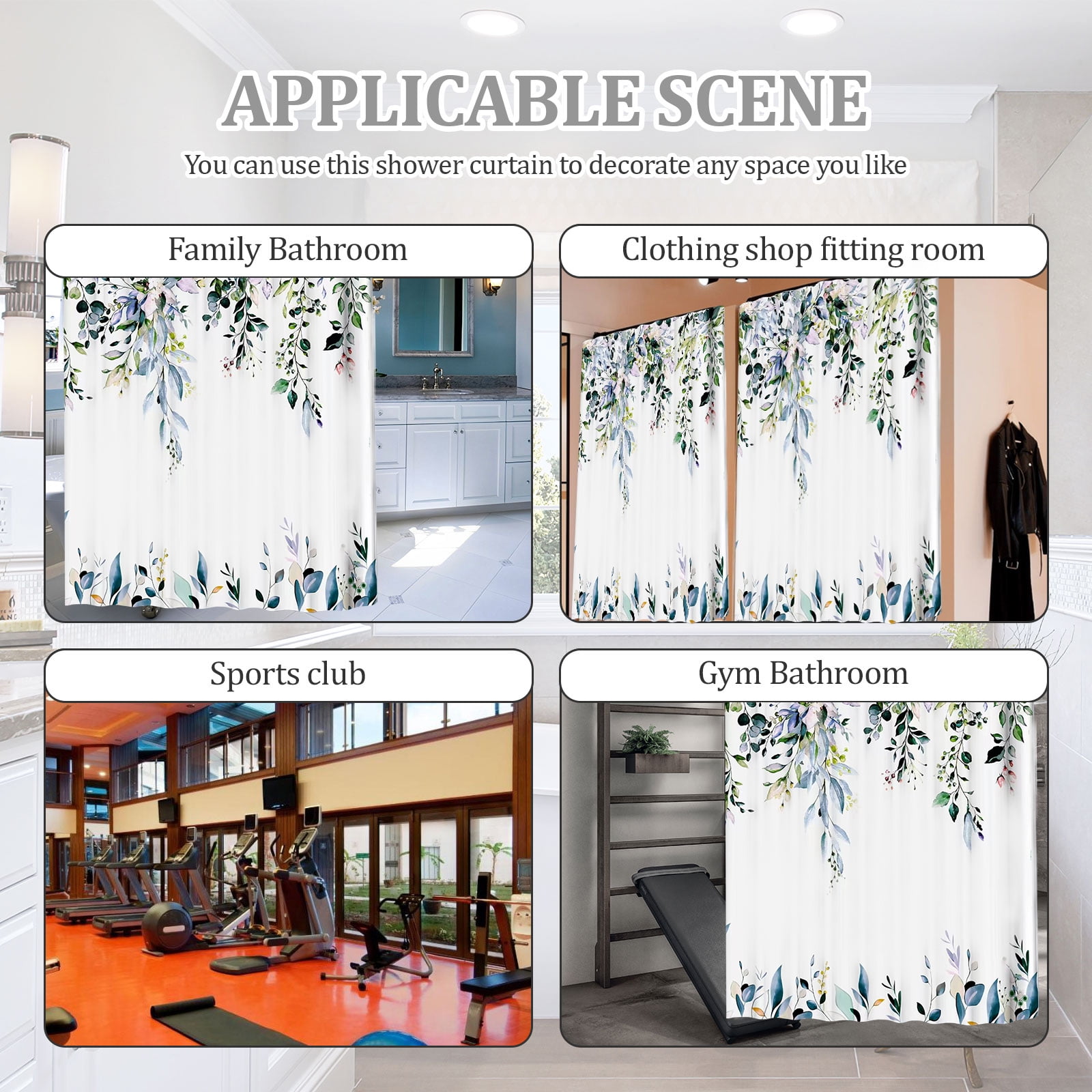 Dznils Blue Green Eucalyptus Fabric Shower Curtain, Watercolor Floral Pattern with Hooks, 72" x 72"