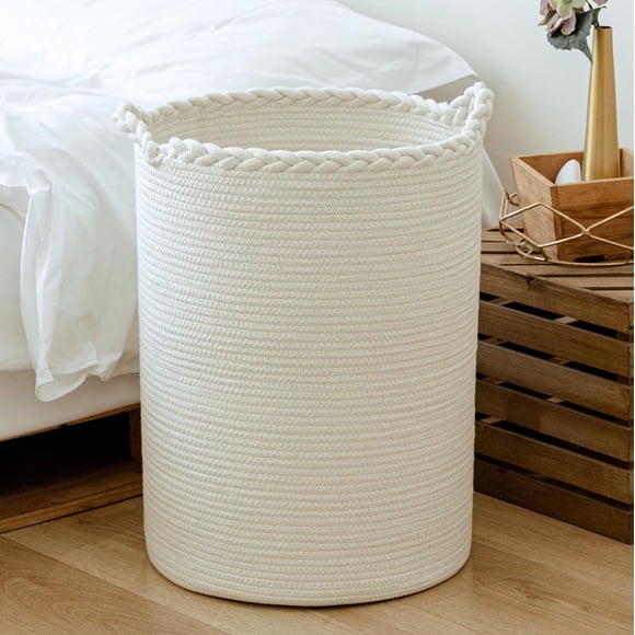 Homlikelan Cesta de lavandería tejida de 58 L, cesta alta de algodón para la colada para mantas, ropa, almohadas, juguetes, zapatos, cubo grande para la colada, color blanco