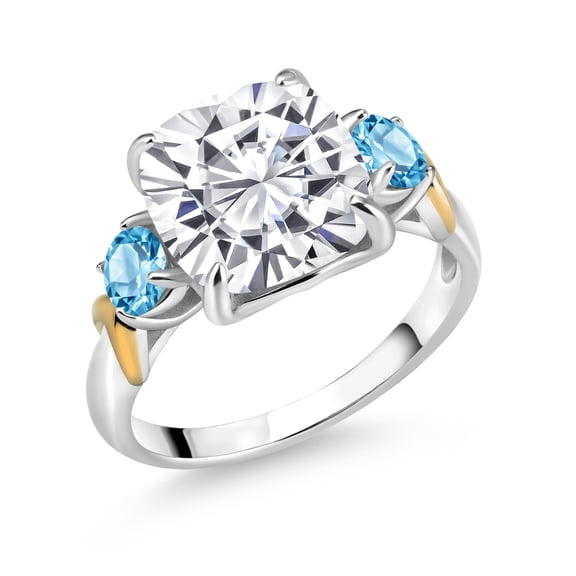 Gem Stone King 925 Silver and 10K Yellow Gold Moissanite and Swiss Blue Topaz 3 Stone Ring for Women (5.71 Cttw, Gemstone Birthstone, Cushion 10MM, Round 4MM, Size 6)