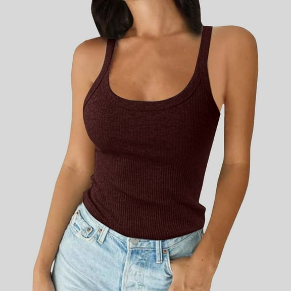 ZHOGXU Women Tank Tops Spaghetti Strap Sleeveless Ribbed Solid Color Slim Fit Breathable Camisole Tee For Casual Daily Wear,Brick Red,L