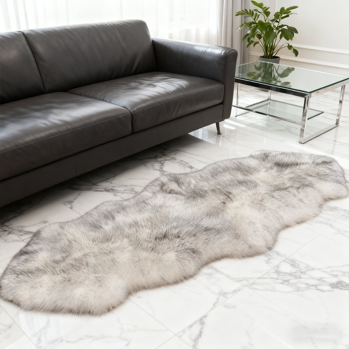 Faux sheepskin area rug 2'x6', white-gray machine-washable fluffy rug，Suitable for bedroom, living room, and children's room bedside rug