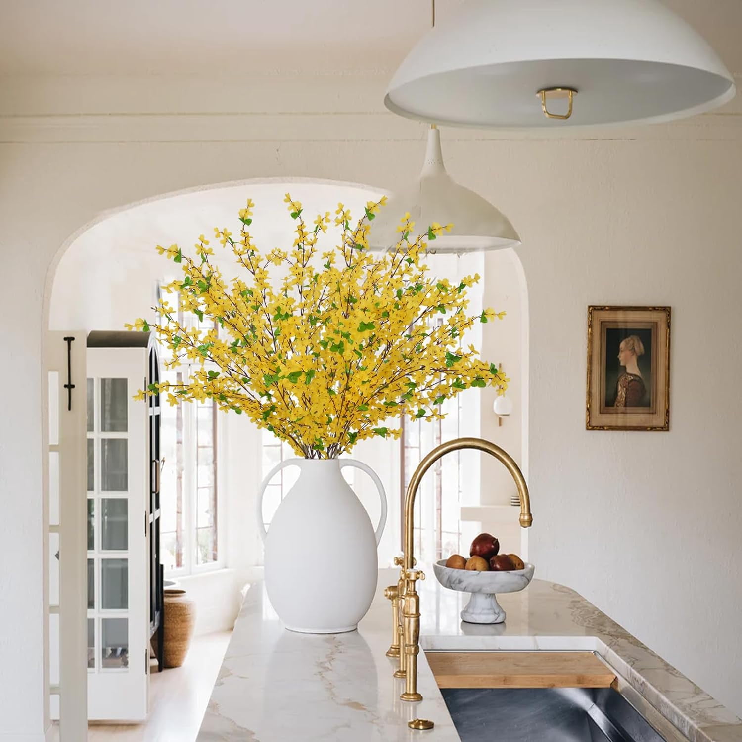 Artificial Forsythia Branches Yellow Flowers Faux Silk Forsythia Long Stem Winter Jasmine Stems Spring Flowers Artificial for Decoration Home Table Kitchen Yard Easter Decor 35 Inch