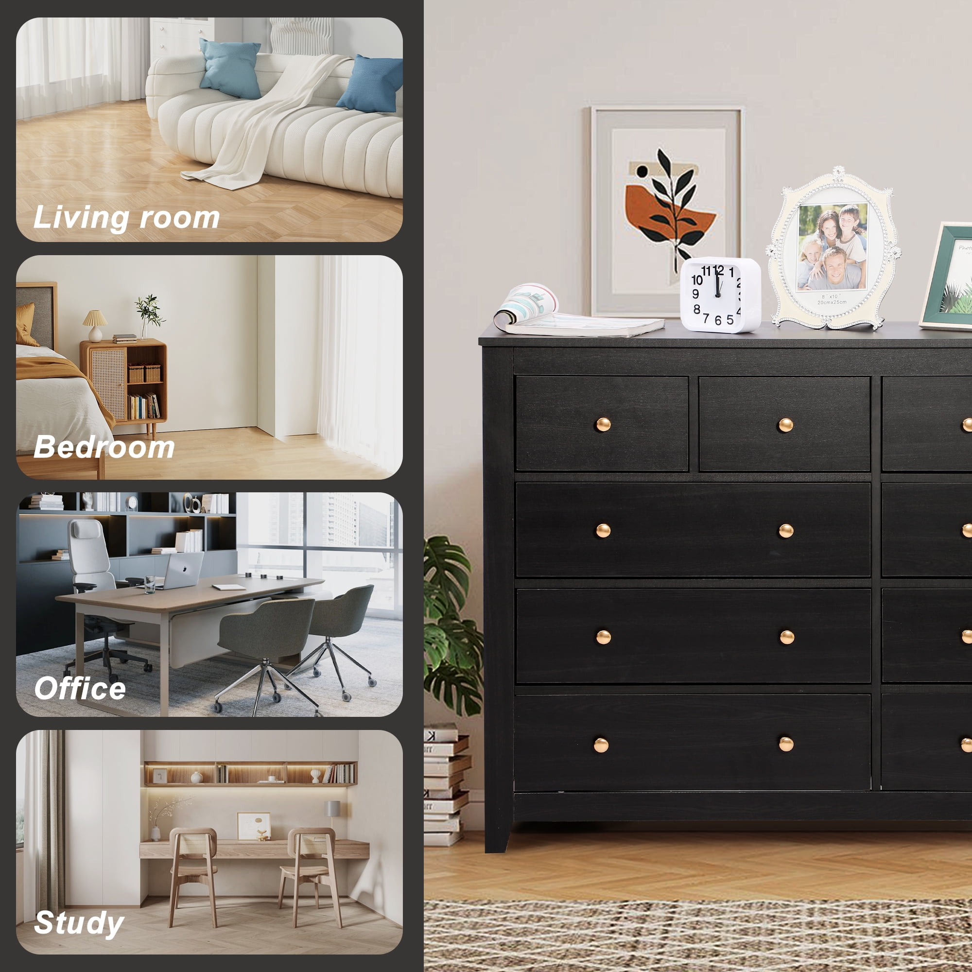 Magic Union 10 Drawer Double Dresser with Metal Handles and Various Size Wide Deep Drawers,Smooth Metal Rail,Modern and Contemporary Wood Dresser Chest for Bedroom,Living Room,Closet,Black