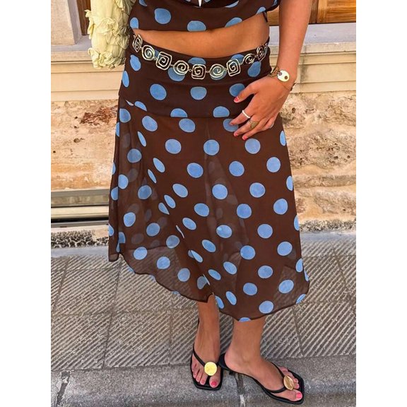 Khaki Polka Dot Midi Skirt Low Waist Semi Sheer Asymmetrical Hem Flowy Summer Skirt