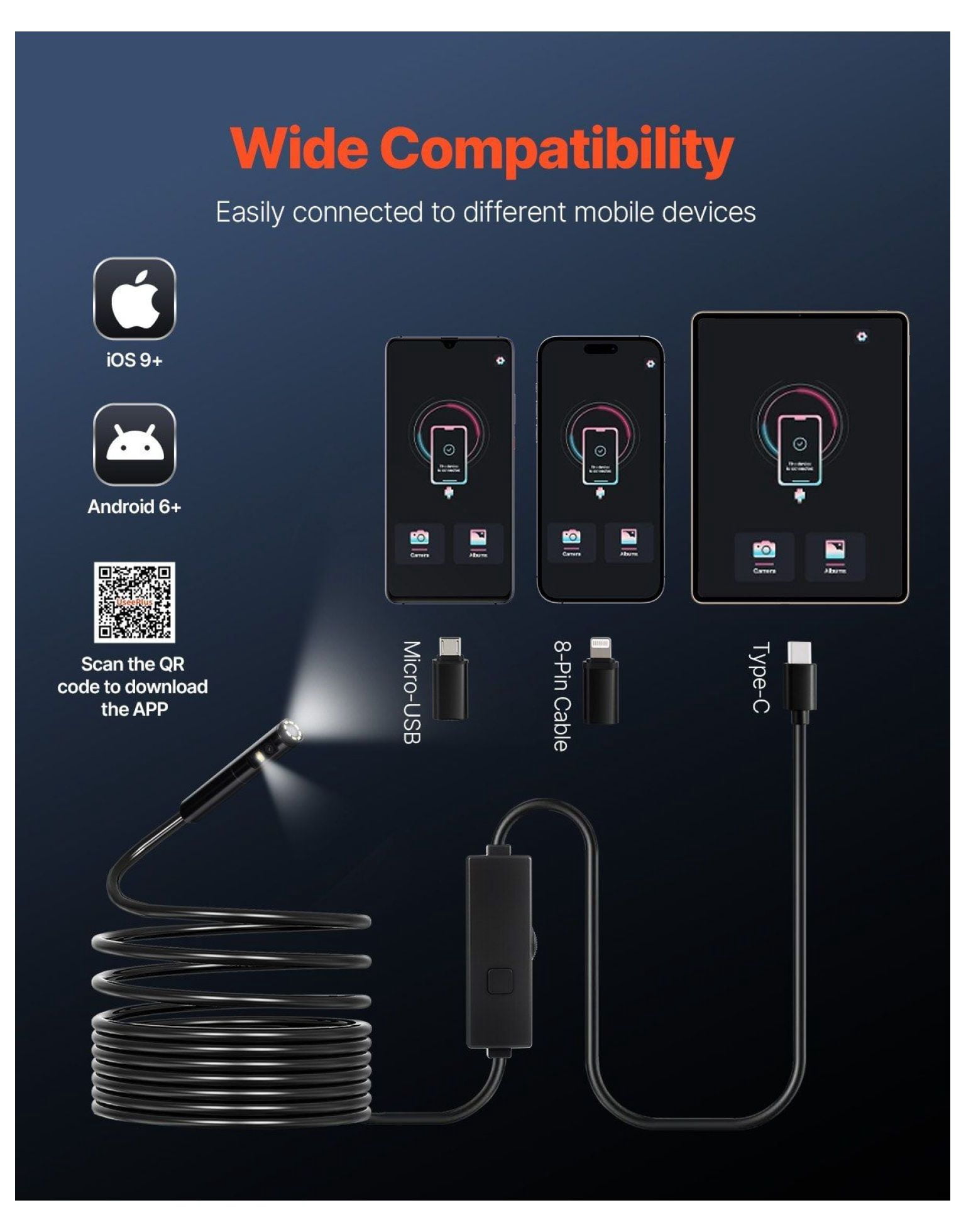 Borescope Endoscope Camera 16.4ft, Dual Lens Inspection Camera for Android iOS, 2.0MP HD Snake Camera with 8 LED Lights