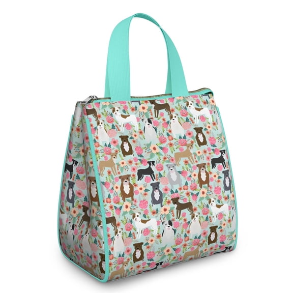 Cute Pitbull Terriers Dog and Flower Insulated Lunch Bag for Women & Adults,Large Portable Soft Cooler Lunch Bag,Thermal Food Storage Tote with Pearl Cotton,8.66L,8.75x5.75x9.5 Inch