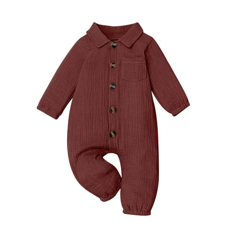 

ESASSALY Baby Girl Boy Romper Solid Color Long Sleeve Button Down Jumpsuit