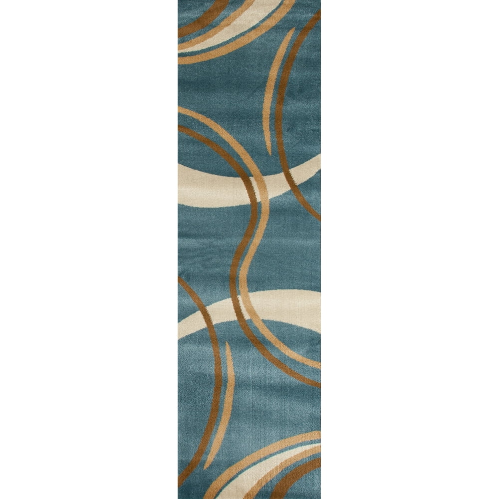 Contemporary Modern Wavy Circles Blue Area Rug or Runner